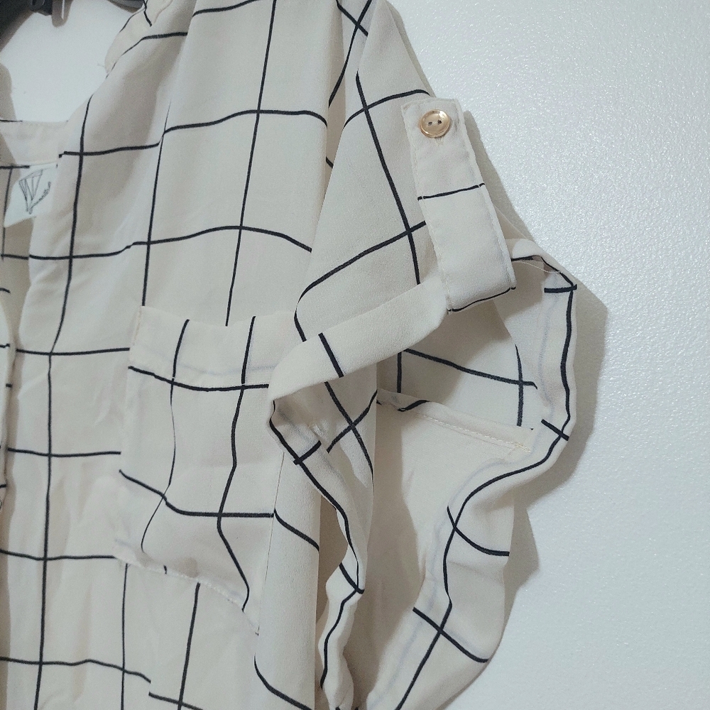 Janet Chung Stylish Grid Pattern Button-Down Shirt XL Hi Low - Picture 3 of 5